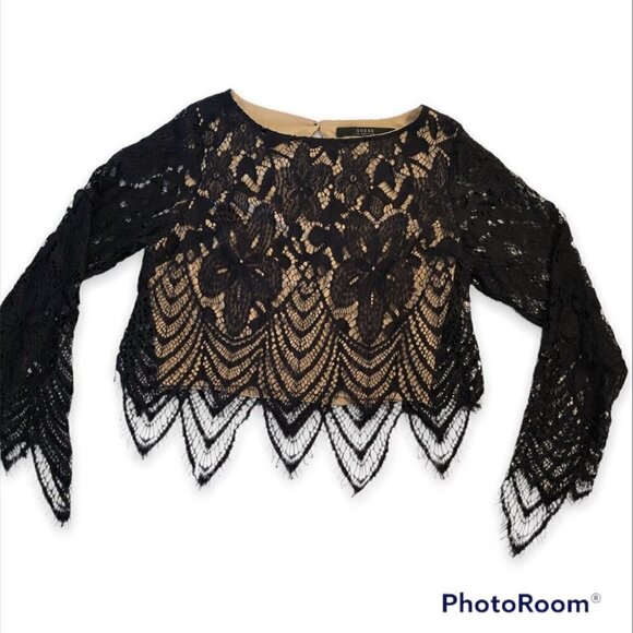 GUESS Cropped Top with Black Lace and Nude Lining - Picture 3 of 11